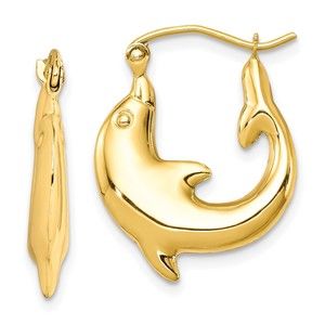 10k Yellow Gold Polished Small Dolphin Nautical Sea Life Hoop Earrings
